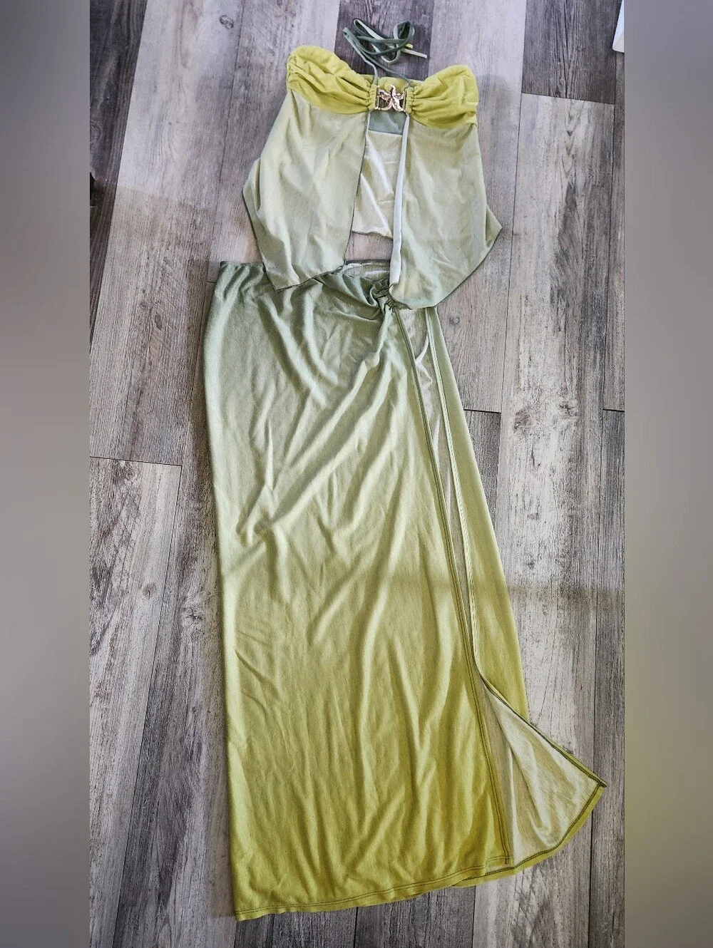 Fashion Nova Olive to Lime Ombre Strapless Handkerchief Maxi Skirt Set
